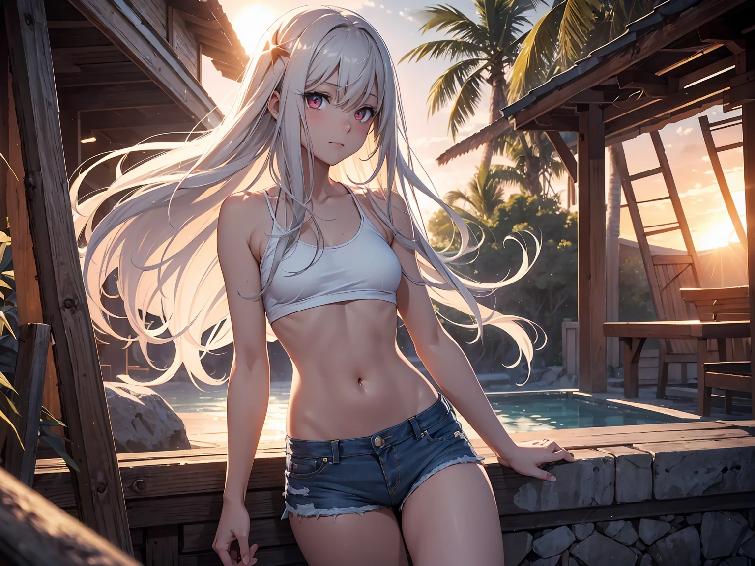 Browsing Caution　(Highest quality:1.5, High resolution, 超High resolution, 4K, Detailed lighting, Shaders)(masterpiece:1.2), Very detailed, Illyasviel von Einzbern　{{Red colored eyes}}++　alone, Cowboy Shot,Long Hair, Gray Hair, Red eyes, White tank top　Denim shorts　M-shaped foot　sneer　Beautiful beaches　Realistic sun rays　topless　Completely naked　Please roll up your shirt　Sweat　Outdoor　((night))　Starry Sky