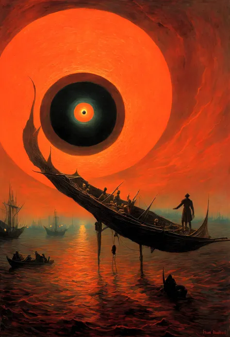 mythical creatures, author：zdzislaw beksiński and vincent van gogh, red moon and big eyeucha