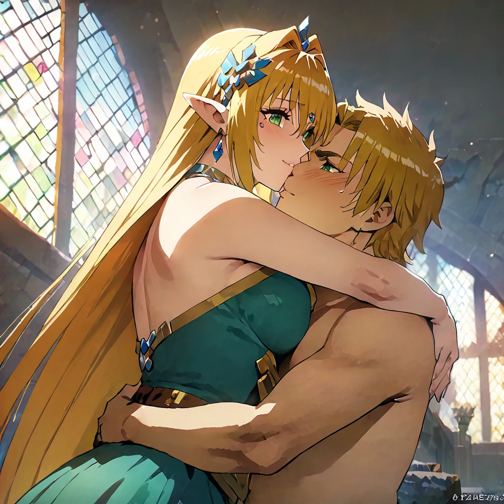 ((Highest quality)), ((masterpiece)), (detailed), （Perfect Face）、The woman is Tearju, with green eyes, medium-long blonde hair, and is wearing the costume of Princess Zelda of Hyrule.、The woman is happily embracing and kissing the man, King Ganondorf.