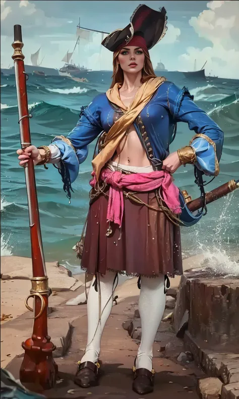 Pirate, a woman pirate standing on the beach with a rifle and a pistol, cosplay, cosplayer, renaissance, female pirate captain, ...
