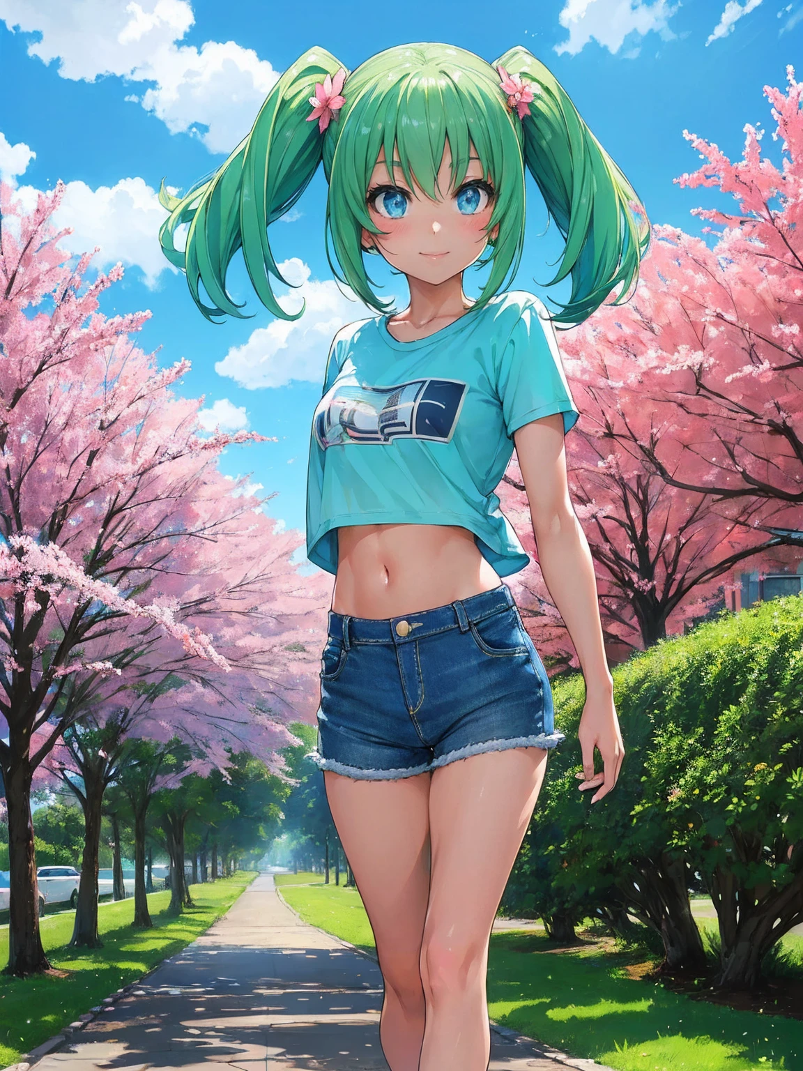 2d, masterpieCe, beste Qualität, Anime-Serie, highly detailed faCe, highly detailed baCkground, perfeCt lighting, Lola, blaue Augen, Grün_Haar, CitysCape, Voll_Körper, Allein, Allein foCus, T-Shirt, kurze Hose, Colorful auspiCious Clouds, Sakura, Blatt, Baum, waterfall, aCorn, Boden, verschwommen_Vordergrund, 1Mädchen, Tag, Malerei, Tiefe_von_Feld, verschwommen, (beste Qualität), ((masterpieCe)), Cute Anime-Serie Mädchen, Grün Haar, short Haar, pink T-Shirt, Cutout above navel, blue denim kurze Hose, blaCk boots, Wald, C(lean detailed faCes), analogous Colors, schöner Farbverlauf, Clean image, gute Qualität, Hohe Detailliertheit, hochauflösend, Cute faCe, 4K-Auflösung, Voll Körper, ultra sharp foCus, Extrem detailliert eyes, blaue Augen, detailed symmetriC realistiC faCe, Extrem detailliert natural texture, perfeCtly Centered medium upper shot, nikon d850 film stoCk photograph, kodak portra 400 Camera f1.6 lens, Extrem detailliert, Toll, Feines Detail, riCh Colors, one Körper, Volly Clothed, faCe, Kopf im Rahmen, Körper in frame, gute Proportionen, lächelnd, android heroine, vivid Color.Digital 2D, Anime-Serie manga robot! Anime-Serie Mädchen, Volly robotiC!! Mädchen, nanoMädchenv 2, Symphogear, Volly robotiC!!, mikuTago, masterpieCe, beste Qualität, bereits, Linsenreflexion, shade, blühen, vonfiCial artwork