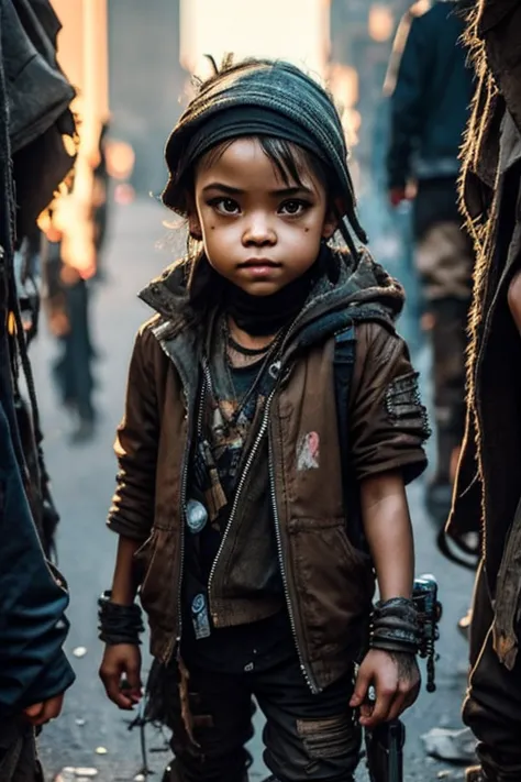 cyberpunk, scavenger, dressed in rags, children