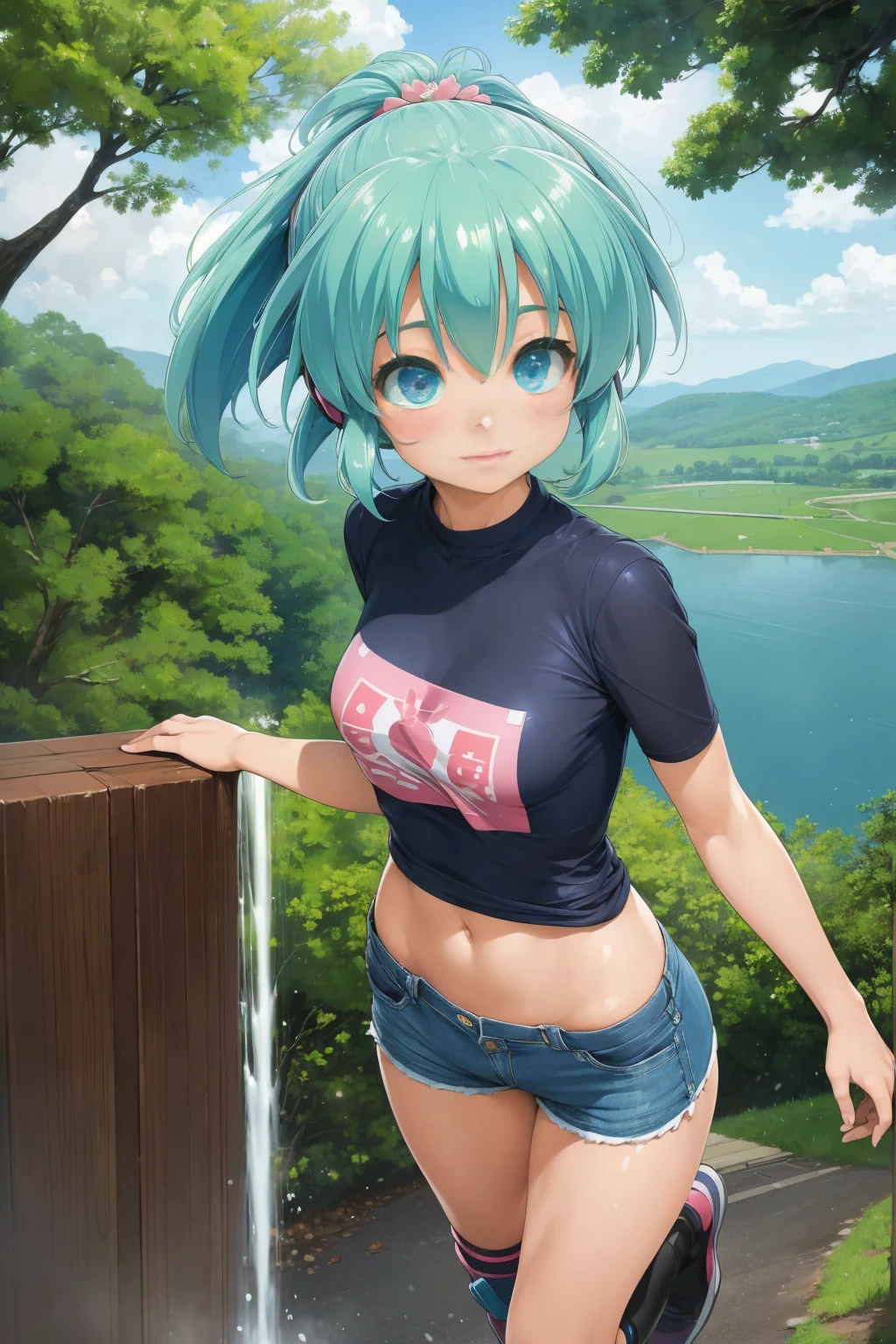 2d, masterpiece, best quality, anime, highly detailed face, highly detailed background, perfect lighting, lola, blue eyes, green_hair, cityscape, full_body, solo, solo focus, t-shirt, shorts, colorful auspicious clouds, sakura, leaf, tree, waterfall, acorn, soil, blurry_foreground, 1girl, day, painting, depth_of_field, blurry, (best quality), ((masterpiece)), cute anime girl, green hair, short hair, pink t-shirt, cutout above navel, blue denim shorts, black boots, forest, c(lean detailed faces), analogous colors, beautiful gradient, clean image, high quality, high detail, high definition, cute face, 4k resolution, full body, ultra sharp focus, extremely detailed eyes, blue eyes, detailed symmetric realistic face, extremely detailed natural texture, perfectly centered medium upper shot, nikon d850 film stock photograph, kodak portra 400 camera f1.6 lens, extremely detailed, amazing, fine detail, rich colors, one body, fully clothed, face, head in frame, body in frame, good proportions, smiling, android heroine, vivid color.digital 2d, anime manga robot! anime girl, fully robotic!! girl, nanogirlv 2, symphogear, fully robotic!!, mikudayo, masterpiece, best quality, reeds, lens flare, shade, bloom, official artwork