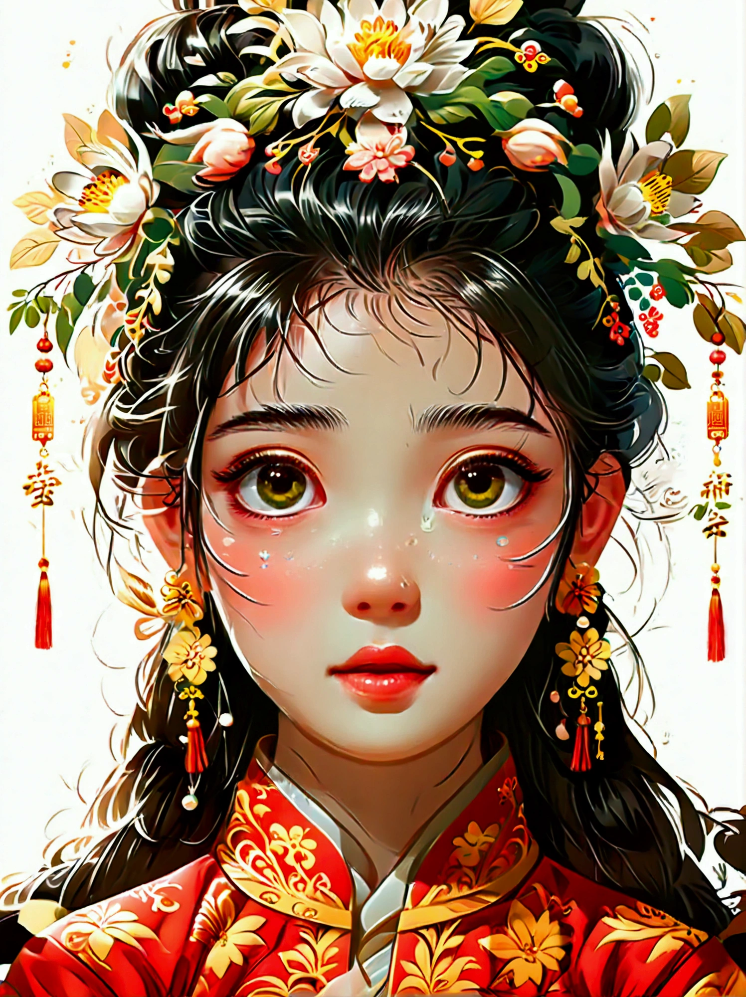 Cute and humorous Q version Chinese girl，big eyes，bust，sticker，6 different facial expressions，expression board，Various poses and expressions，Anthropomorphic style，Ancient and classic style，Showing a variety of emotions，Cartoon illustration，Vector illustration, (Nine Palace Grid Layout: 1.5)，(White background:1.5)，Clear outline，Perfect details，Clear boundaries，No crossover