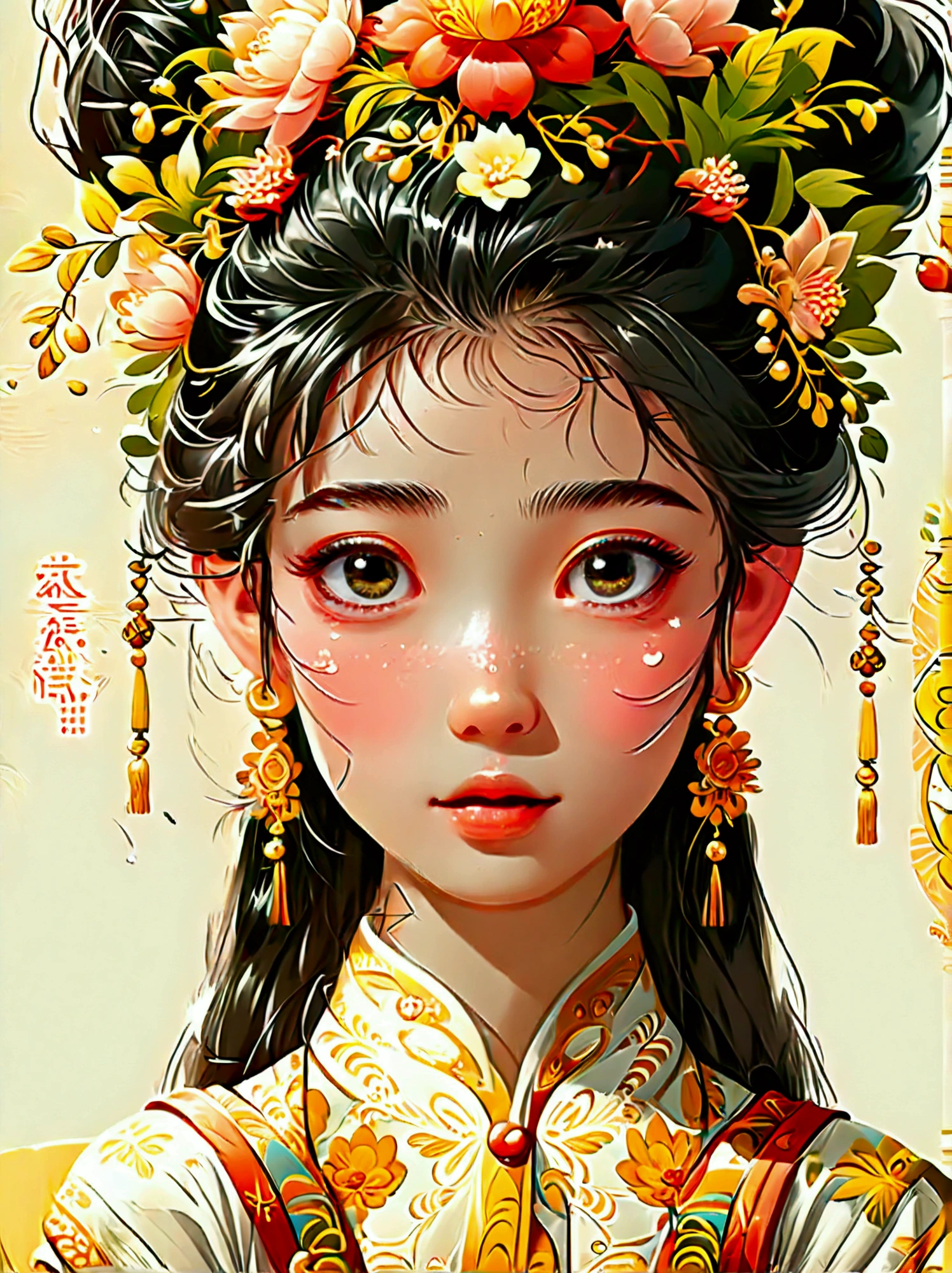 Cute and humorous Q version Chinese girl，big eyes，bust，sticker，6 different facial expressions，expression board，Various poses and expressions，Anthropomorphic style，Ancient and classic style，Showing a variety of emotions，Cartoon illustration，Vector illustration, (Nine Palace Grid Layout: 1.5)，(White background:1.5)，Clear outline，Perfect details，Clear boundaries，No crossover