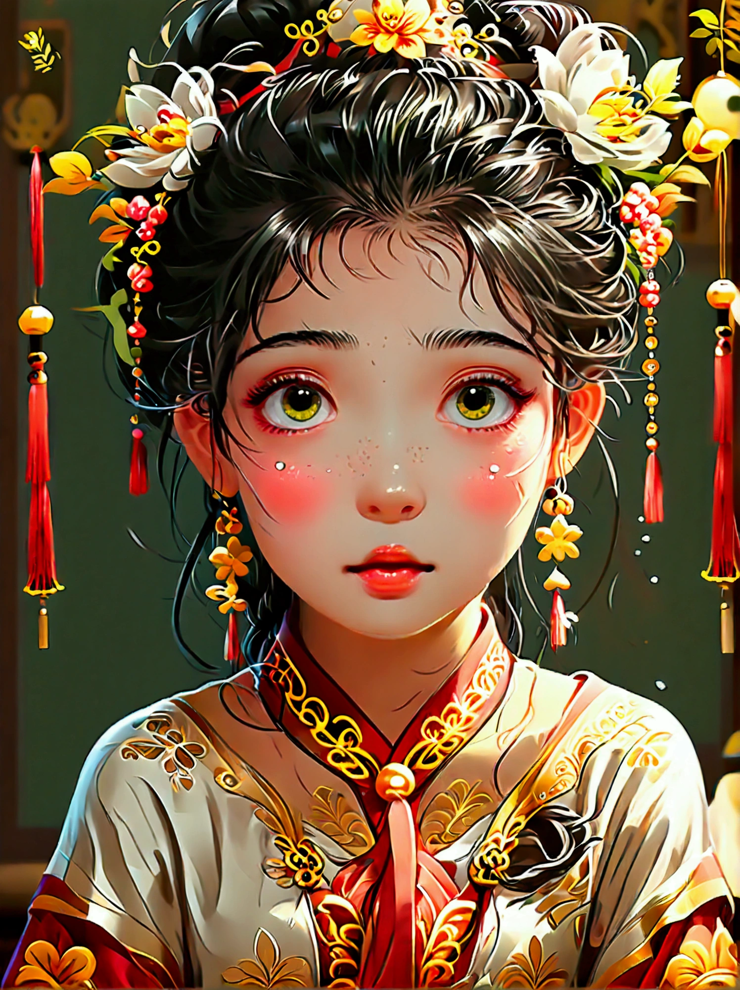 Cute and humorous Q version Chinese girl，big eyes，bust，sticker，6 different facial expressions，expression board，Various poses and expressions，Anthropomorphic style，Ancient and classic style，Showing a variety of emotions，Cartoon illustration，Vector illustration, (Nine Palace Grid Layout: 1.5)，(White background:1.5)，Clear outline，Perfect details，Clear boundaries，No crossover