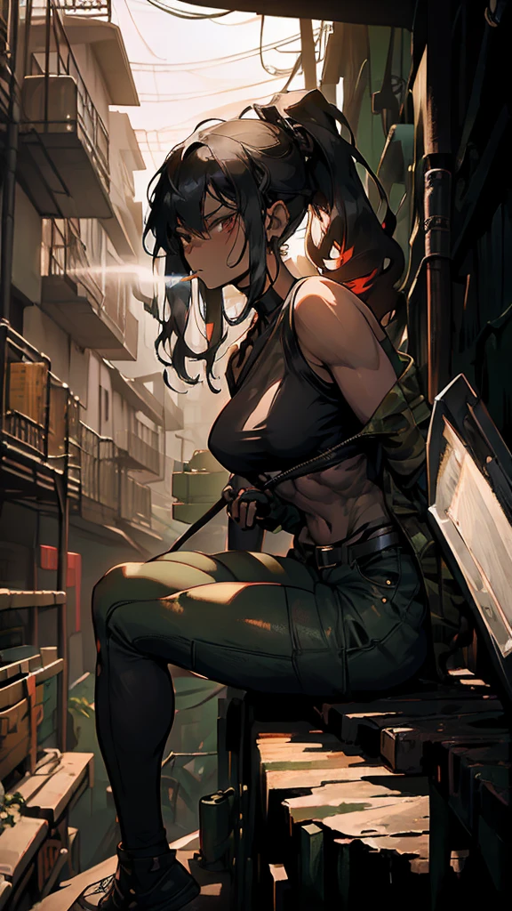 woman, mercenary expression, bullet belt crossing her torso, holding two machetes, camouflage pants, red hair, long ponytail, broken muscles, dark skin, curly hair, pronounced waist, thick thighs, Amazon jungle background, high definition , rtx lighting, full body focus, sitting on a prey.