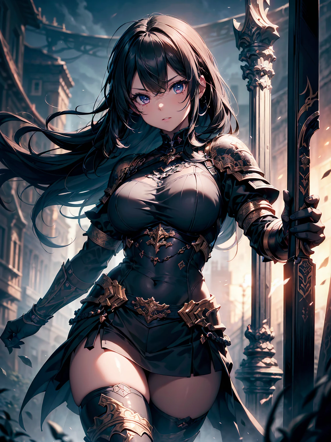 (((masterpiece, best quality, 8k)))A dark and cursed female game character,((perfect face)), wearing ornate black and gold armor, wielding a cursed blade, with dark vambraces and cursed boots, in a gloomy, atmospheric lighting,(((full body shot))), (best quality,4k,8k,highres,masterpiece:1.2),ultra-detailed,(realistic,photorealistic,photo-realistic:1.37),HDR,UHD,studio lighting,ultra-fine painting,sharp focus,physically-based rendering,extreme detail description,professional,vivid colors,bokeh,dark fantasy,concept art