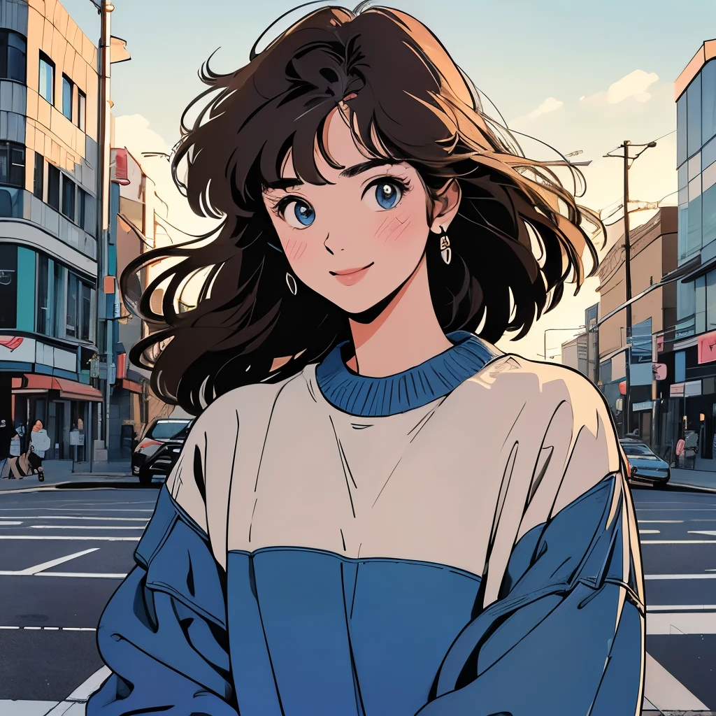 Very beautiful 18 year old Japanese woman, holding old cassette tape, cassette tape facing front, 
whole body、Move your upper body slightly to the side and forward,4K、
White short-sleeved sweater、pedestrian crossing、Signal 、
intersection、Complex background、Detailed Hair、smile、blue eyes、Light brown hair,city, Signal, shy smile.