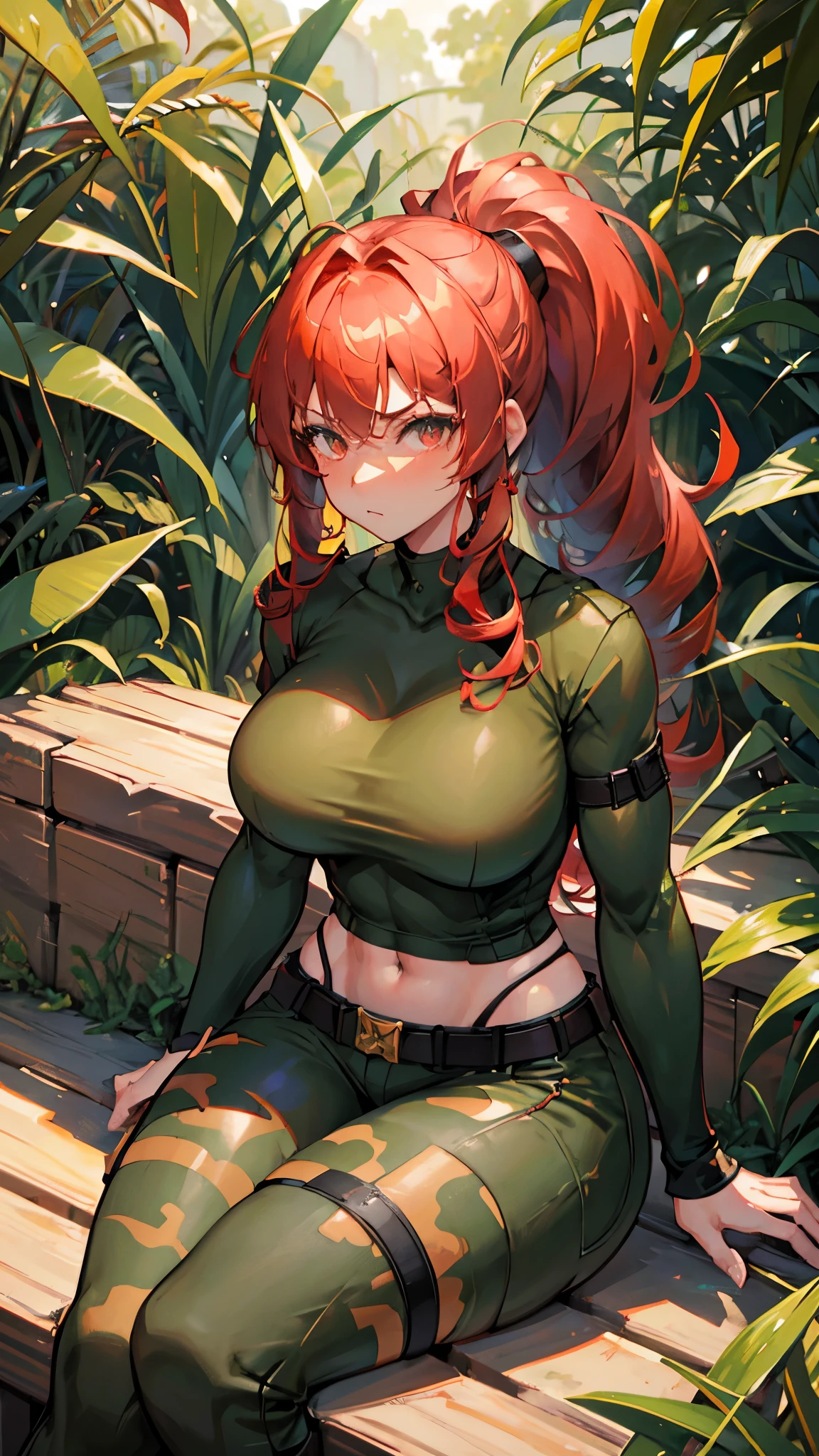 woman, mercenary expression, bullet belt crossing her torso, western guns, camouflage pants, red hair, long ponytail, broken muscles, dark skin, curly hair, pronounced waist, thick thighs, Amazon jungle background, high definition , rtx lighting, full body focus, sitting on a prey.