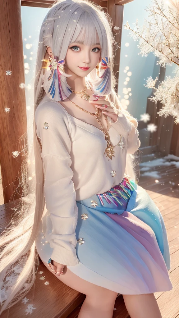 8K, masterpiece, 1 girl, Pretty Face, Very long hair, Light makeup, Delicate eyes, Delicate lips, Small bust, Winter Clothing, Rainbow Skirt, (Wearing Jewelry:1.8), (Rainbow Lace:1.4), ((Snowflakes falling:1.4)), sit,