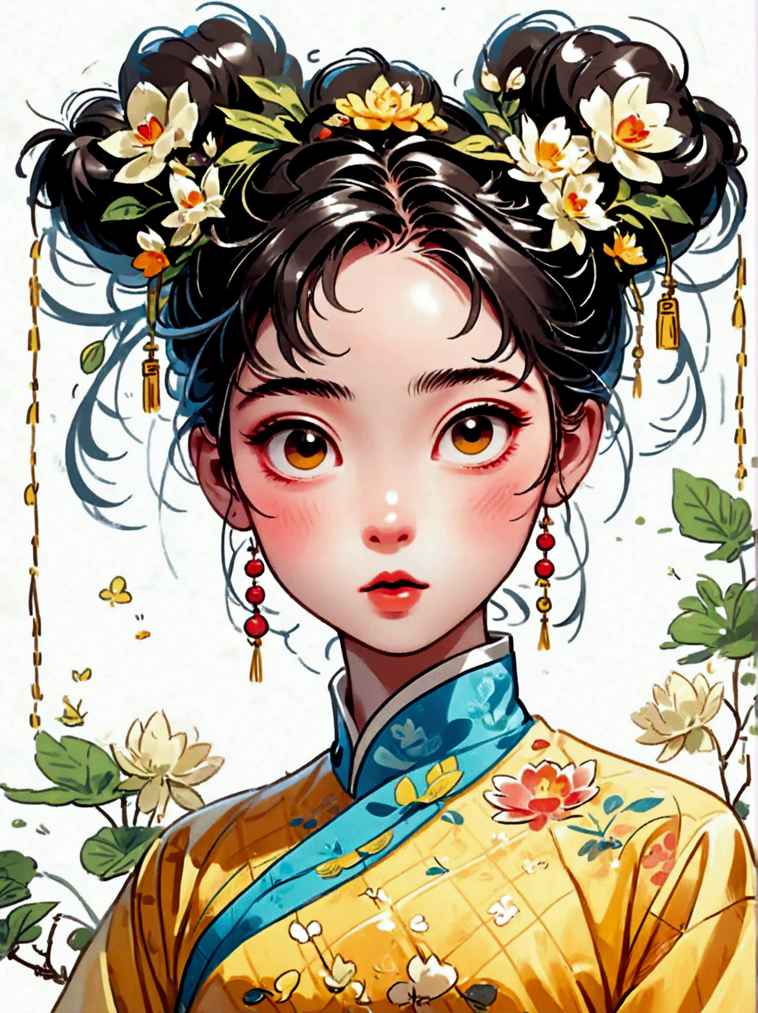 Fille chinoise mignonne et humoristique version Q，gros yeux，bousiller，Autocollant，6 expressions faciales différentes，tableau d&#39;expression，Diverses poses et expressions，Style anthropomorphe，Style ancien et classique，Montrer une variété d’émotions，illustration de bande dessinée，Illustration vectorielle, (Disposition en grille des neuf palais: 1.5)，(fond blanc:1.5)，contour clair，détails parfaits，Des limites claires，Pas de croisement