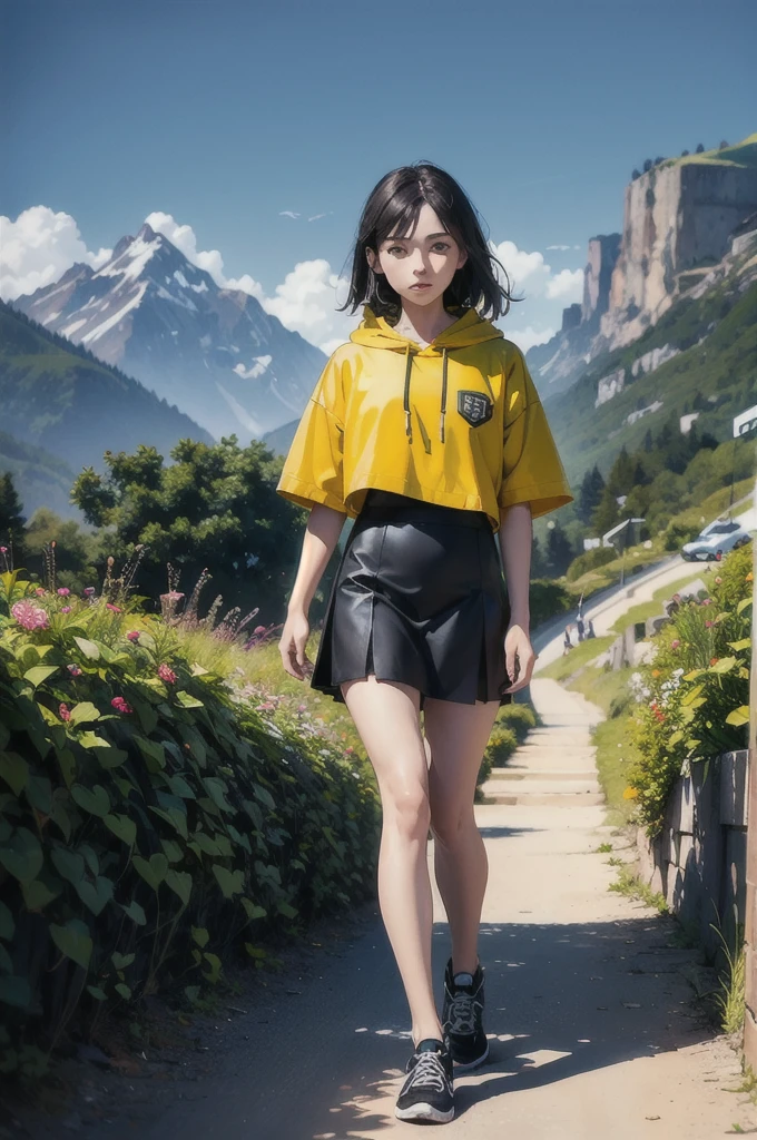 (Highest quality, masterpiece:1.2), Very detailed, Realistic:1.37, High resolution, Detailed Background, Majestic Mountain々Silhouette of a girl walking along a path that stretches to the horizon, A person stretching in the sunlight from the top of a mountain, Beautiful scenery decorated with earth tones, A hopeful and inspiring atmosphere, A gentle and heartwarming portrayal, Delicate depiction of people and emphasis on landscapes.