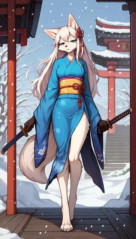 half-closed eyes, tired expression, 1girl, anthro, furry, fur, fluffy fur, white fox girl, japanese temple background, white hai...