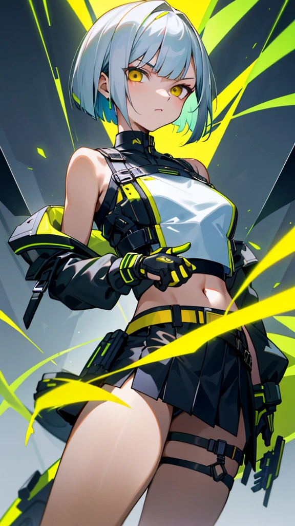 A young woman with short bob silver hair、Sharp yellow eyes、Serious expression。She is wearing a futuristic black and green jacket with bare shoulders.、It features a variety of technical elements and armor-like decorations.。She is wearing a white crop top underneath.。Her outfit includes a black pleated mini skirt with a belt and straps.。She&#39;s wearing high-tech gloves.、He has a large, sophisticated sword.。The background is minimalistic、Focus on the character&#39;s strong, confident pose。