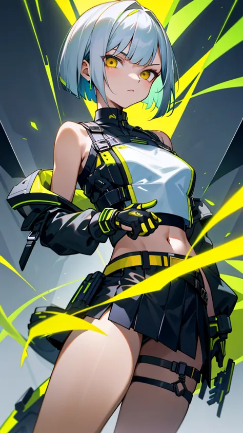 A young woman with short bob silver hair、Sharp yellow eyes、Serious expression。She is wearing a futuristic black and green jacket...