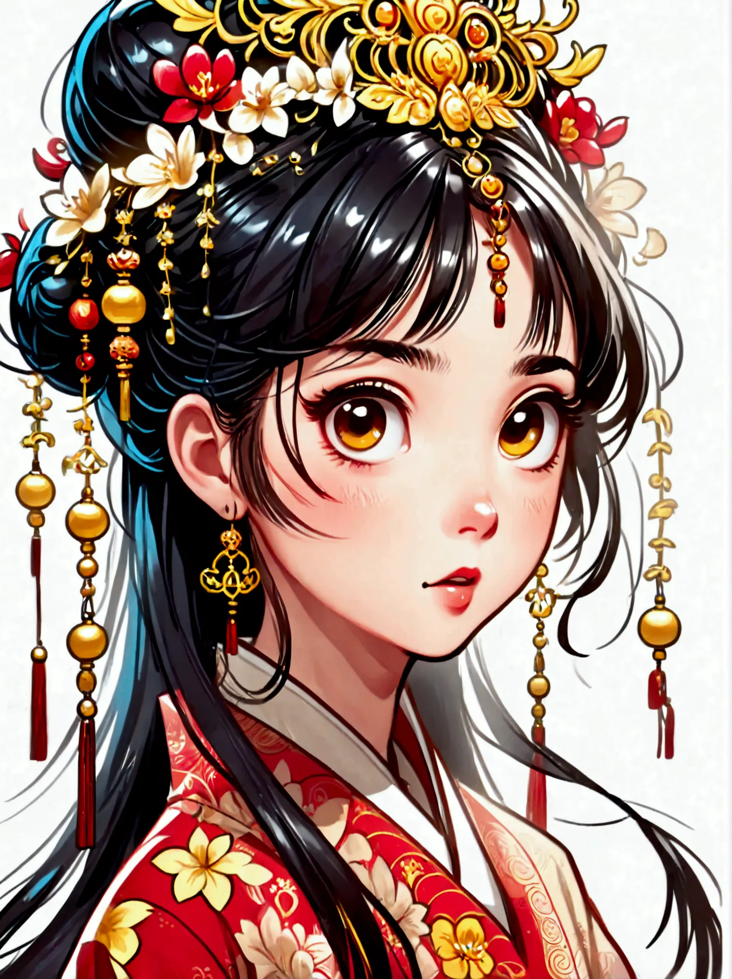 cute and humorous q version chinese girl，big eyes，bust，sticker，6 different facial expressions，expression board，various poses and...