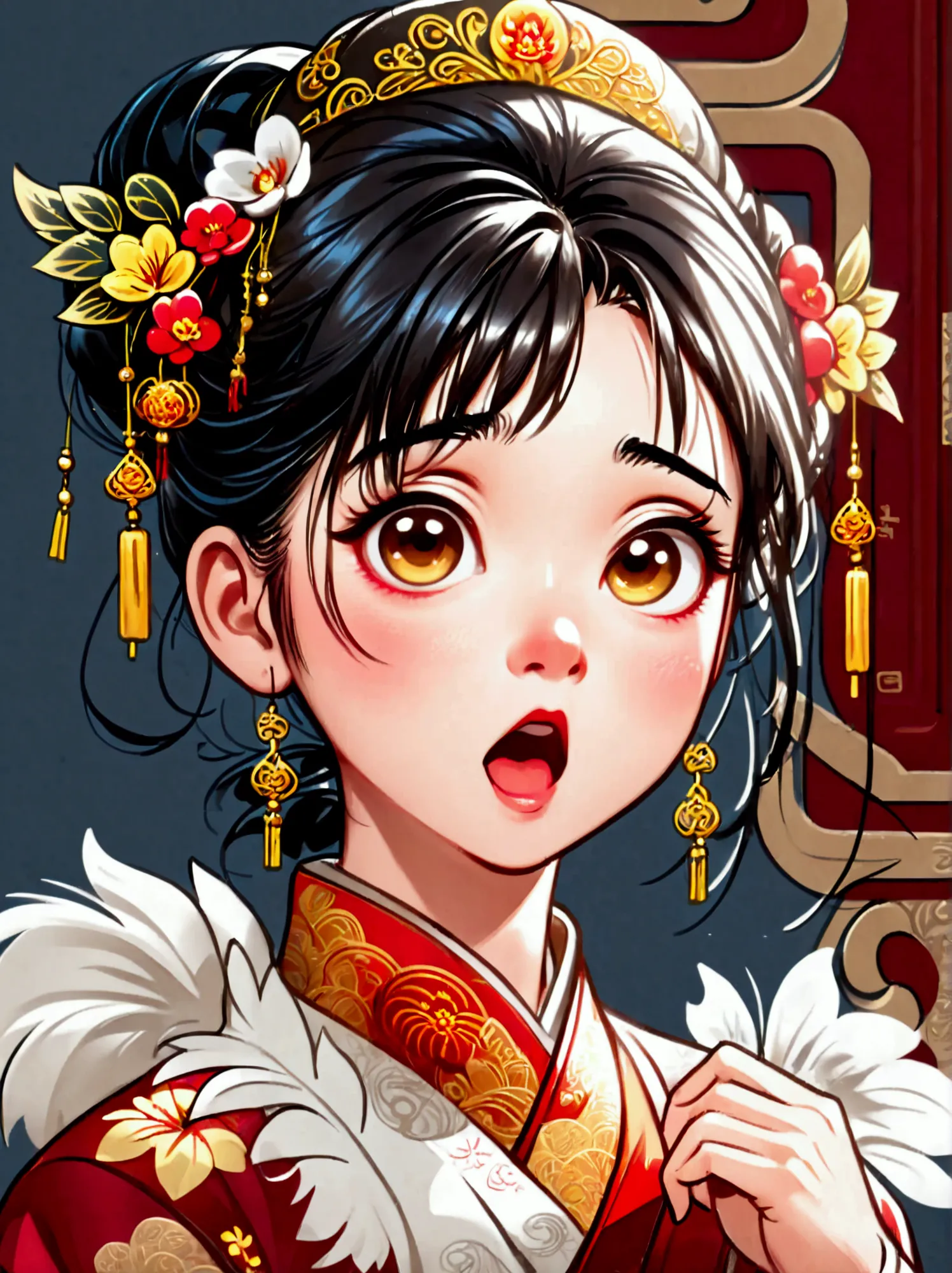 cute and humorous q version chinese girl，big eyes，bust，sticker，6 different facial expressions，expression board，various poses and...