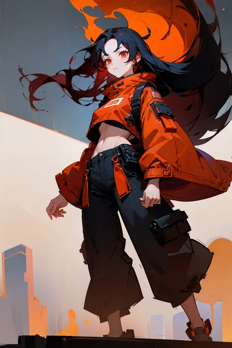 1 female, black hair, long flowing hair, fiery red hair, red-orange eyes, crimson jacket, white crop top, black baggy pants, urb...