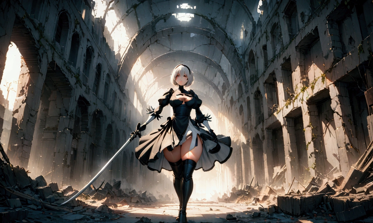 ((best qualityer)), ((work of art)), (very detailled:1.3), 2B in the ruins of a city in the forgotten war, Ancient Technology, Nier-Automata, standing, fully body, brandishing his sword, photographic essay, facefocus, Looking at the sky, hdr (high-range dynamics), ray tracing, nvidia RTX, super resolution, Irreal 5, underground dispersal, PBR Texture, Post-processing, Anisotropic filtering, Depth of field, Maximum sharpness and sharpness, multi-layered texture, albedo and highlight maps, Surface shading, Accurate simulation of interactions between light materials, perfect proportions, octane rendering, duotone lighting, Low ISO, White balance, rule of thirds, large aperture, 8K CRU, efficient sub-pixels, subpixel convolution, Luminescent particles, light scattering, Tyndall effect