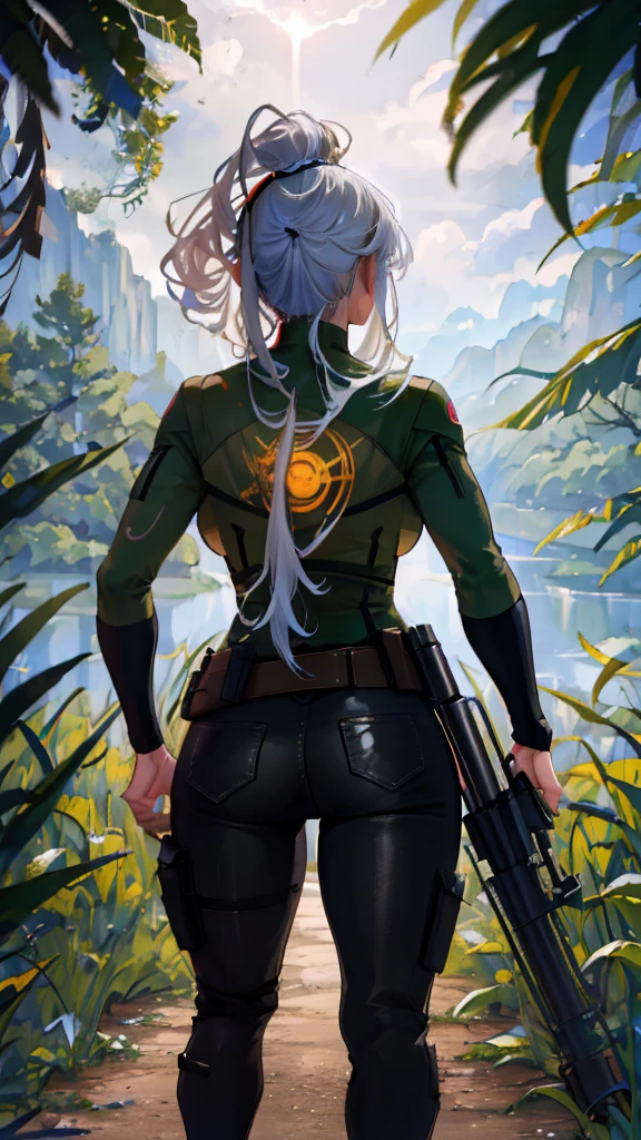 woman, mercenary expression, carrying huge sniper rifle, western guns, camouflage pants, silver hair, long ponytail, broken muscles, dark skin, curly hair, pronounced waist, thick thighs, tight butt, background of the Amazon jungle, High definition, RTX lighting, full body focus, gold frame, shot from the back.