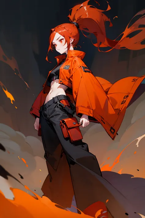 1 female, ponytail, long flowing hair, fiery red hair, red-orange eyes, crimson jacket, white crop top, black baggy pants, urban...