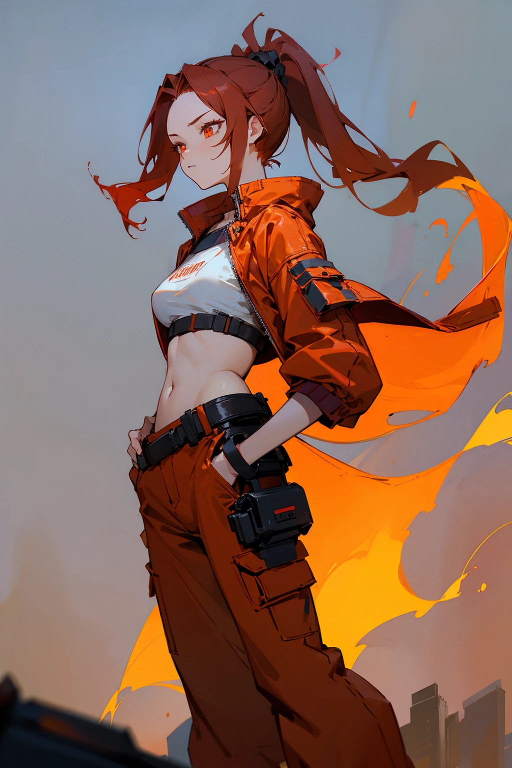 1 Female, ponytail, long flowing hair, fiery red hair, Red-orange eyes, Crimson jacket, White crop top, Black baggy pants, Urban Background, Detailed Background, Hands at your side, standing on the path