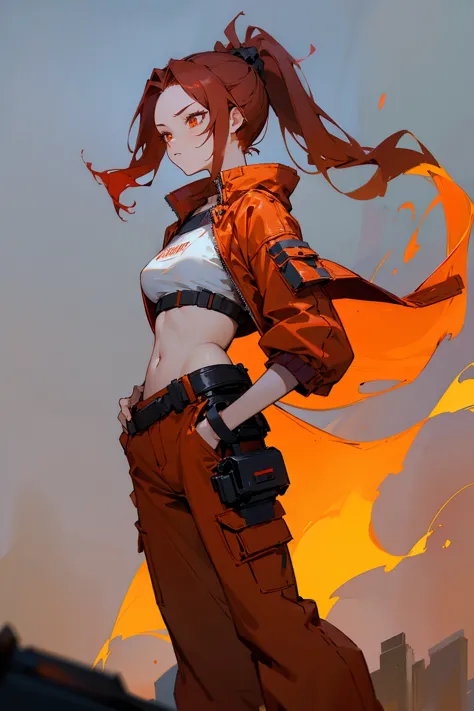 1 female, ponytail, long flowing hair, fiery red hair, red-orange eyes, crimson jacket, white crop top, black baggy pants, urban...