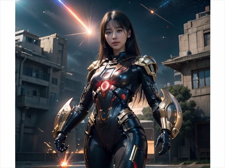 (RAW Photos, Highest quality), (Realistic, Realistic:1.3), 1 Girl、Realisticbody、Red light combat suit、Meteor warrior flying from space、Fighting the reptilian aliens、Laser reflection diffusion、Small Shield、Planetary explosion、Robot Soldier