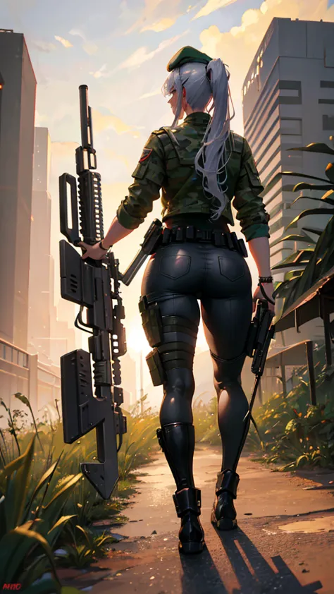 woman, mercenary expression, captain's beret, cyberpunk rifle load, western guns, camouflage pants, silver hair, long ponytail, ...