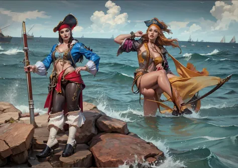 Pirate, a woman pirate standing on the beach with a rifle and a pistol, cosplay, cosplayer, renaissance, female pirate captain, ...