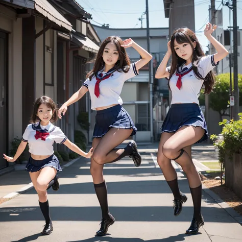 (((young Japanese girls jumping  wearing short sleeve mini skirt high school uniform))),(full body shot:2),  natural lighting, u...