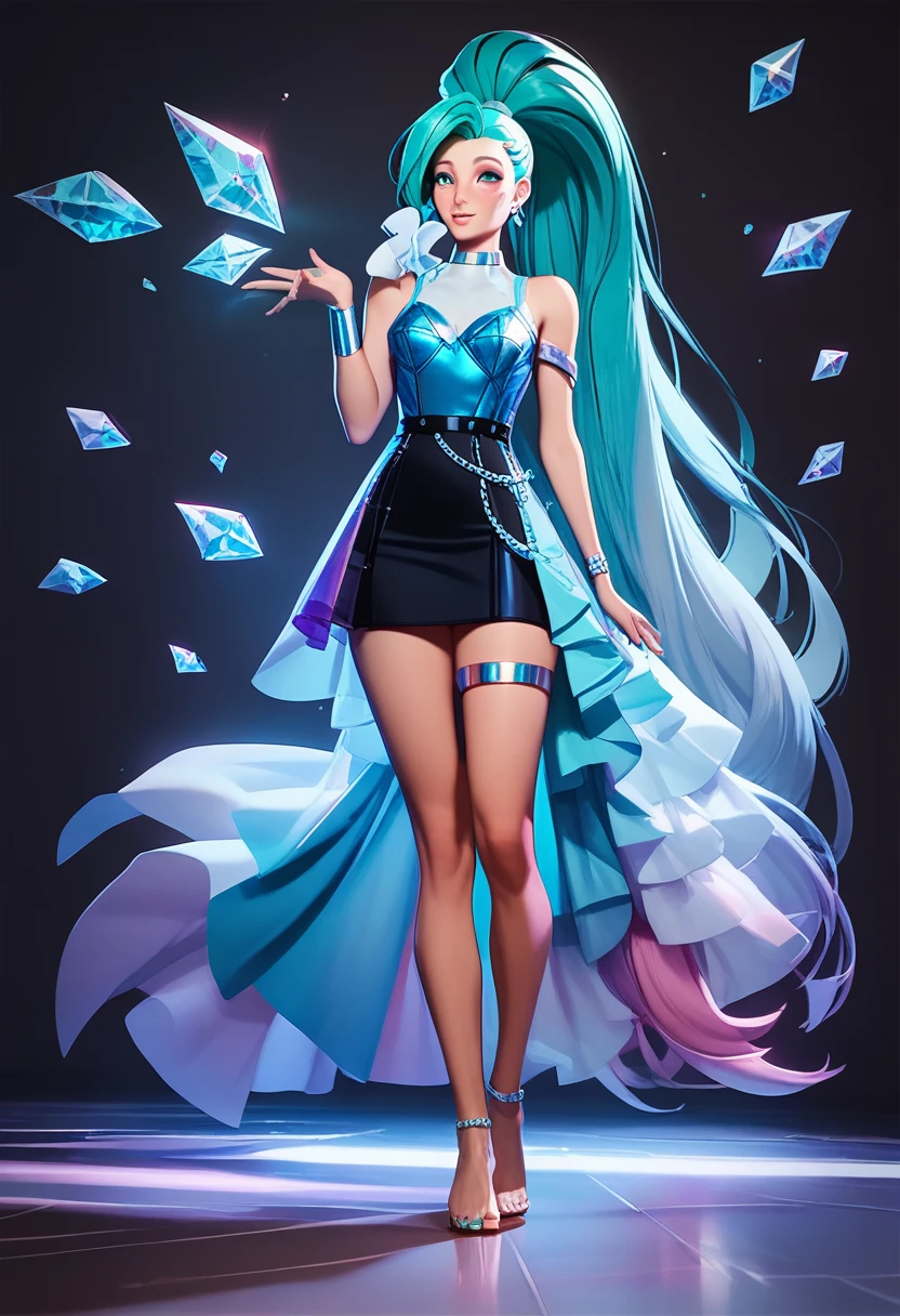 ((Full body photo, standing, feet on the floor)) score_9, score_8_up, score_7_up, score_6_up, score_5_up, score_4_up, 1girl, seraphine (KDA), aqua hair, ponytail