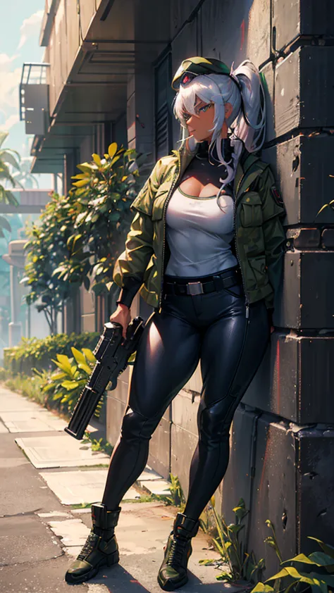 woman, mercenary expression, smoking, captain's beret, cyberpunk rifle load, western guns, camouflage pants, silver hair, long p...