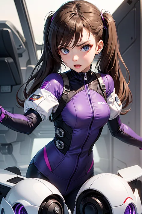 "Futuristic cockpit, A beautiful girl with light brown hair tied in twin tails、Attracts with its noble temperament。. Her Eyes, V...