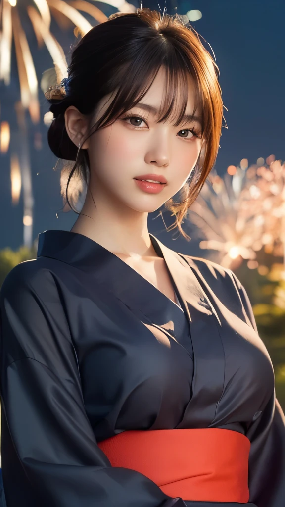 8K,Highest quality,(masterpiece:1.2),(Realistic),(Realistic:1.37),Ultra-high resolution,One Young Woman,((smile)),night,Big Breasts,Beautiful Eyes,Festival Venue,(((Fireworks bursting into the sky))),(((night))),(((yukata))),Perfect body,Perfect Fingers,Professional Lighting,gravure,Detailed face and skin texture,Fine grain,RAW Photos