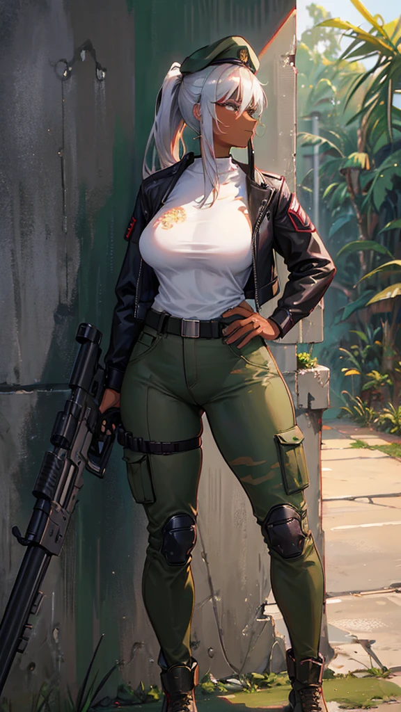 woman, mercenary expression, smoking, captain's beret, cyberpunk rifle load, western guns, camouflage pants, silver hair, long ponytail, broken muscle, dark skin, curly hair, pronounced waist, thick thighs, Amazon jungle background , high definition, RTX lighting, full body focus, profile shot, resting on a wall.