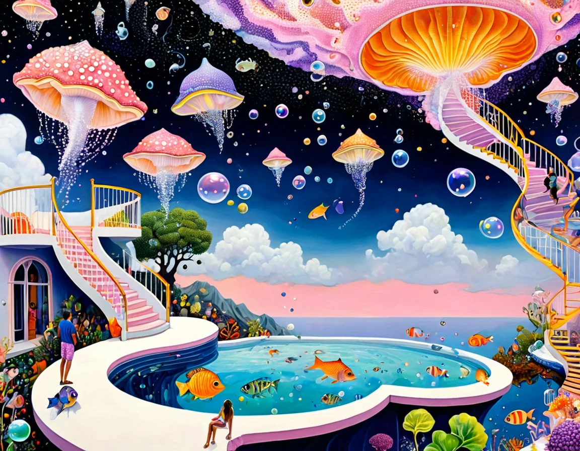 &引用;Dick Ellescas 艺术家风格&引用;,3D透明空中海螺游泳池，香槟苏打水，派对，Bathing 鱼，平台、游泳圈、星空、云，鱼、触手、鸟、眼睛、肥皂泡，硅藻，螺旋楼梯，多人剪影、拼接抽象画，描述自闭症患者的内心世界，空间感，白色空间，有趣的，纯真，迷幻艺术，密集点画法，粉红色主题，大胆的对比，紫色和橙色