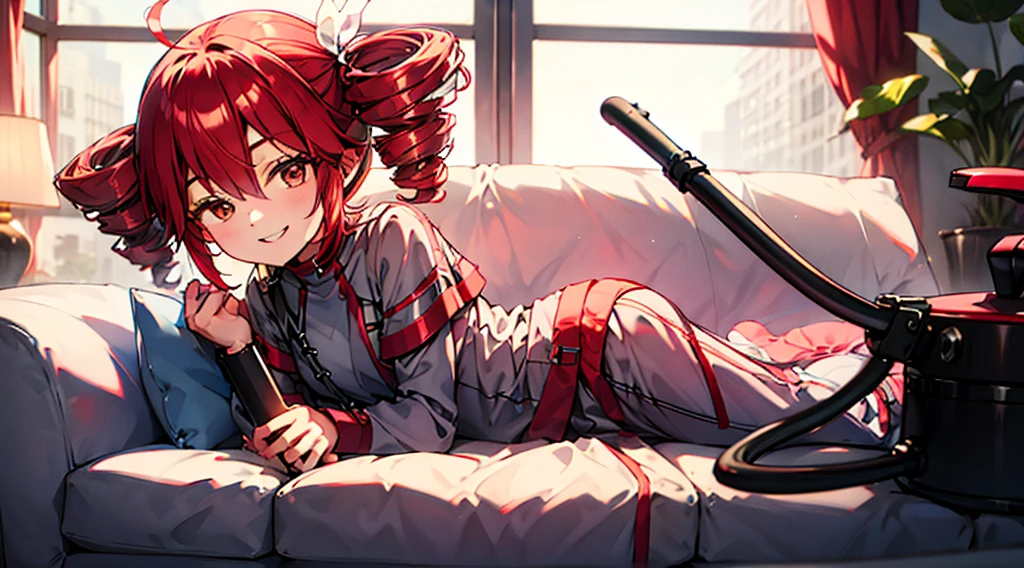 Red hair, loungewear, holding vacuum cleaner, smiling