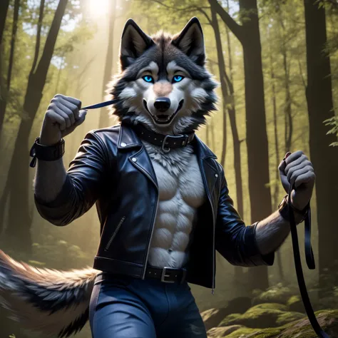 male, 30 years old, cute, eyeliner, big smile, very happy, black leather jacket, anthro, wolf ears, (black fur:1.5), wolf, fores...