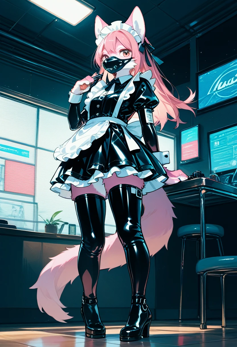 Highest quality, Highest quality, High quality illustrations, masterpiece, Ultra-high resolution, Detailed Background, room, Absurd, Perfect Anatomy, performance, Good lighting, Shadows in the movies(kemono, Furry Personifi猫ion), Pink Skin, Rubber suit, Rubber suit, latex, neon, neonライト, neonカラー, Rubber maid outfit, ribbon, Rubber mask