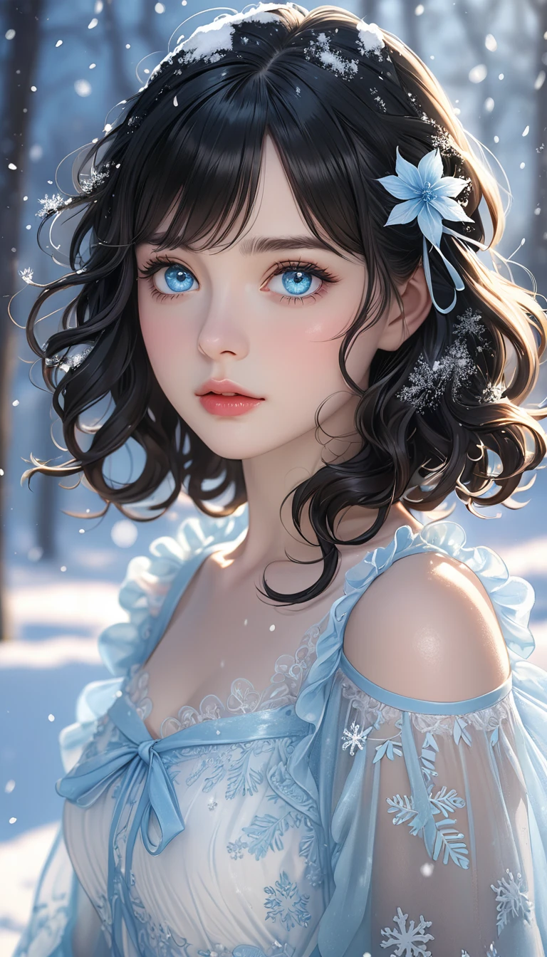 (((masterpiece))),best quality,illustration,4k wallpaper,movie lighting,absurd,1 girl,(snow,ice),snow flower,in winter,(((black hair))),(((medium hair))),shiny hair,curls,(((pale blue eyes))),transparent clothes,frills,lace,white clothes,(((white dress))),leave_Shoulder,hair tie,masterpiece,telephoto lens,absurd,Exquisite face,features,natural light,soft light,(Seven-part combination),epic,Dreamy and magical,mystery,