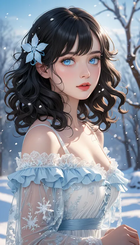 (((masterpiece))),best quality,illustration,4k wallpaper,movie lighting,absurd,1 girl,(snow,ice),snow flower,in winter,(((black ...