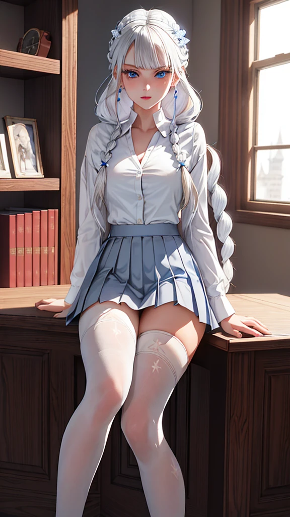 "1girl, incredibly detailed 8k cg, flawless model, mesmerizing idol, stunning face, ethereal beauty, pristine white hair, ring braids, captivating blue eyes,  Kakegurui ,  redblazer, white shirt, pleated grey skirt,  brown pantyhose, sat on desk  , full body, open legs