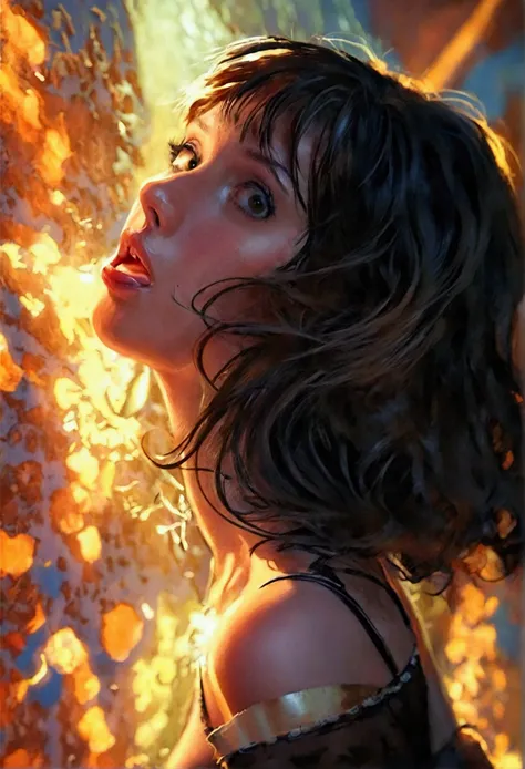 A close up of a woman with a fire on her face - SeaArt AI