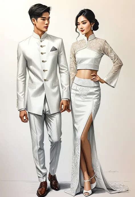 candid fashion illustration of two young man and women, 20-27 year old, adorned in a meticulously crafted north thai lanna tradi...