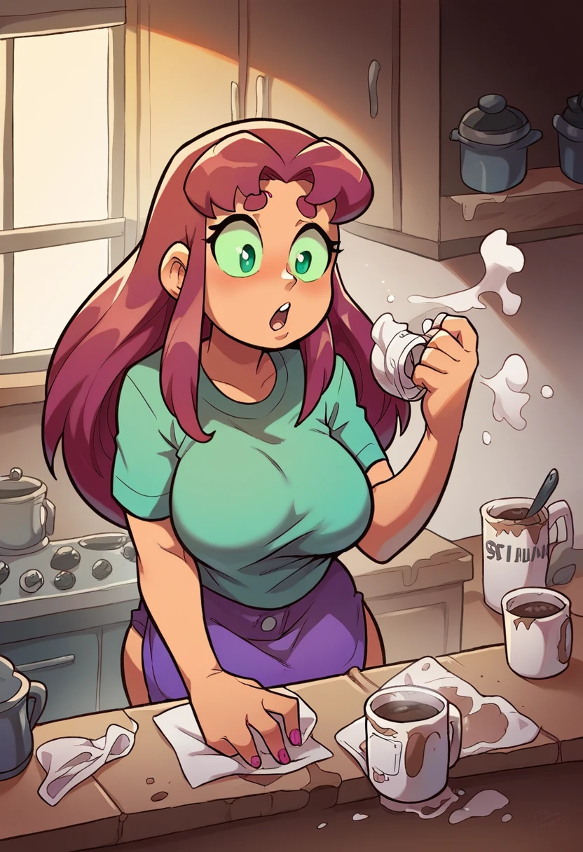 Starfire, com seios grandes com pouca roupa, derrama o café na cozinha, imagem humorística, engraçado, Estilo de anime dos anos 90