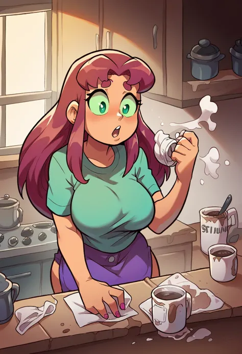 Starfire, with big breasts with little clothing, spills her coffee in the kitchen, humorous image, funny, 90s anime style