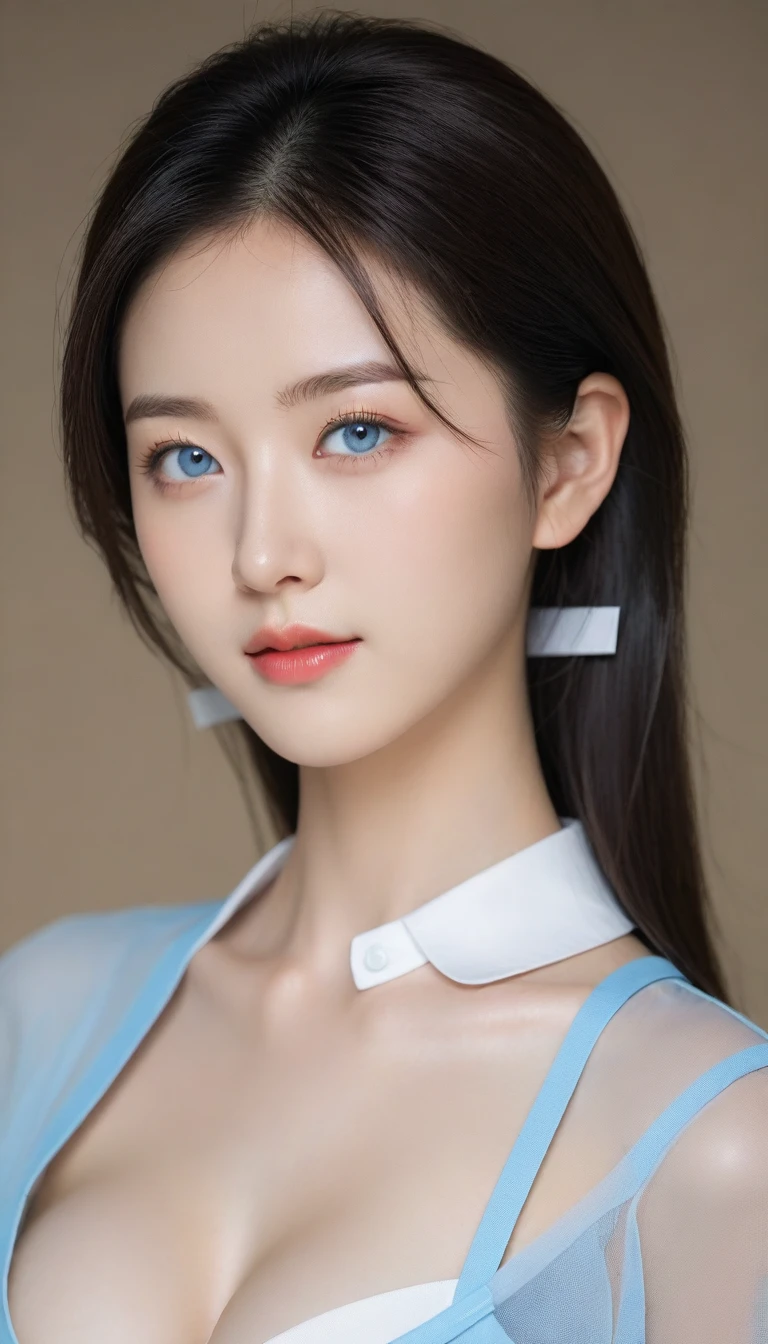 8K, Ultra-high resolution, Highest quality, masterpiece, 三分割法によるphotograph,Surreal, photograph, 1 Girl, (16 years old:1.3), pretty girl, Cute face, Beautiful eyes in every detail, (((Pale blue eyes:2.1))),細かくdetailedに,masterpiece,One Girl:1.2, Japan Female Announcer,Tabletop,Glare,Black Hair,Slicked back hair,Blazer Uniform,White collared blouse,The chest buttons are open,Sharp focus、Perfect dynamic composition、Beautiful and detailed、Thin Hair、Realistic skin texture with attention to detail、smile、Close-up portrait、Model Body Type,Looking at the audience、beauty,Long neck、(((Ideal body type))),(((C cup breasts :2))),、Portraiture:2、Perfect Anatomy、なdetailed、detailed、Surreal、Light and shadow,Strong light