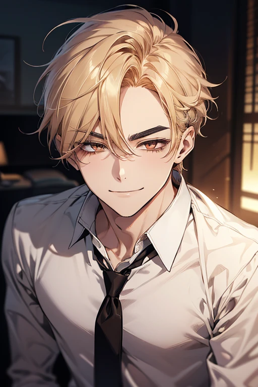 (masutepiece, Digital Art, Digital Illustration, 4K, 8K, Ultra-detailed, beautiful image, Sharp Image, Photorealistic, Raw photo, Perfect face, Perfect lines, Perfect eyes, Soft lighting) 1 male human, (a blond,Brown eyes,hair between eye,hair messy,short-hair,deadpan,Goofy face,Parallel eyebrows,Narrow-eyed,kindly smile,ember,28 years old:1.3),Handsome men, (ember,Business Shirt,neck tie,Thin macho,Firm shoulder width,Adult male:1.2),small plants,Sleepy face,Frantically opening your eyes,Loosen your tie,5 minutes before work,Living alone in a 1LDK,Hairstyle check,inside in room,Simple sofa,Double sofa